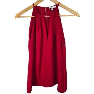 Adam Lippes Red 100% Silk Pleated Halter Top Deep V-Neck Blouse Small USA Made